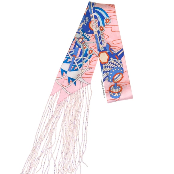 SeraBijoulet™ Handcrafted Silk Skinny Scarf with Beaded Fringe - Picture 4 of 7
